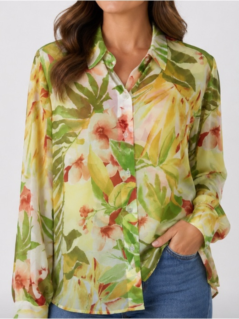 Ellen Tracy Silk Sheer Floral Button-Front Blouse in Yellow and Green 16